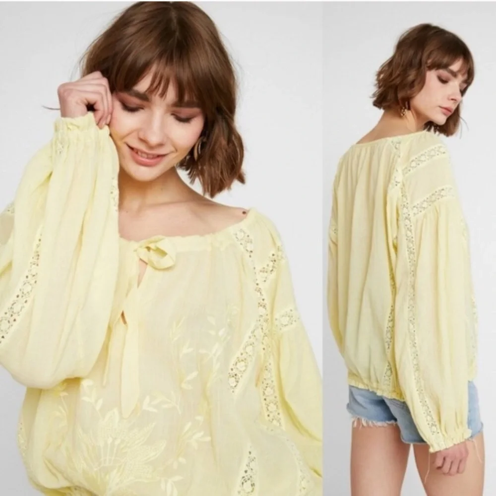 Free People yellow Maria Maria Peasant Blouse size large - Picture 1 of 12